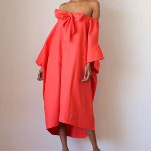Desiree Klein Cotton Linen Blend Short Sleeve Piaget Midi Dress in Tomato Sz S